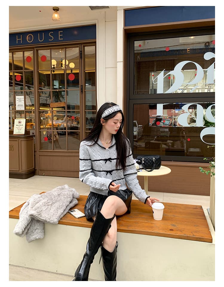 작은 키 새로운 회색 맨위 여성 디자인 센스 나비 매듭 달콤함 패치워크 오픈 가디건 스웨터 상세 이미지 14