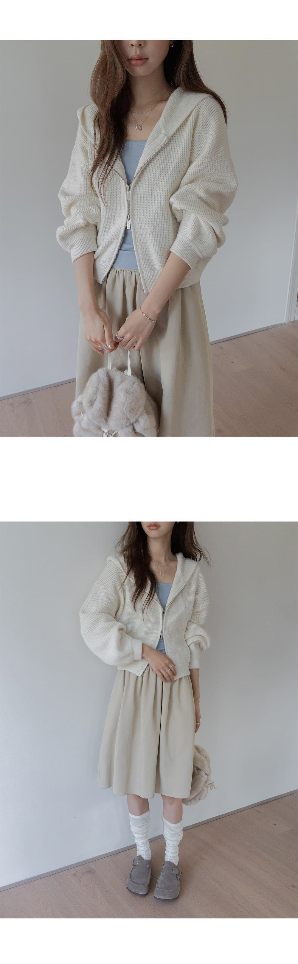 쇼트 스타일 스웨터 오픈 가디건 여성 코트 후아 남편 그리드 후드 지퍼 루즈핏 고급 센스 2026 봄 가을 새로운 상세 이미지 8