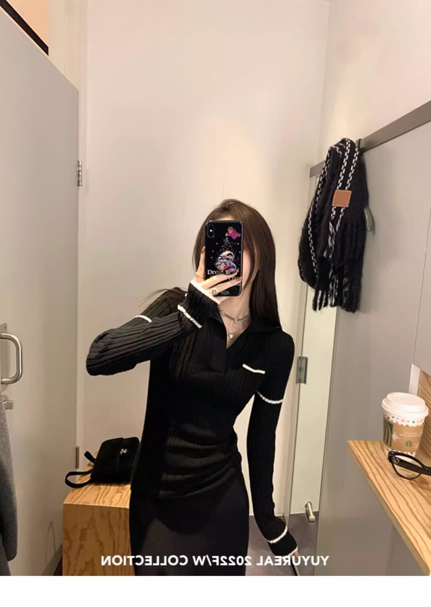 화이트 POLO 칼라 니트 기본 셔츠 여성 봄 긴팔 맨위 레트로 배색 작은 샤넬 스타일 인사이드 가져 가라. 몸매 가꾸기 스웨터 상세 이미지 21
