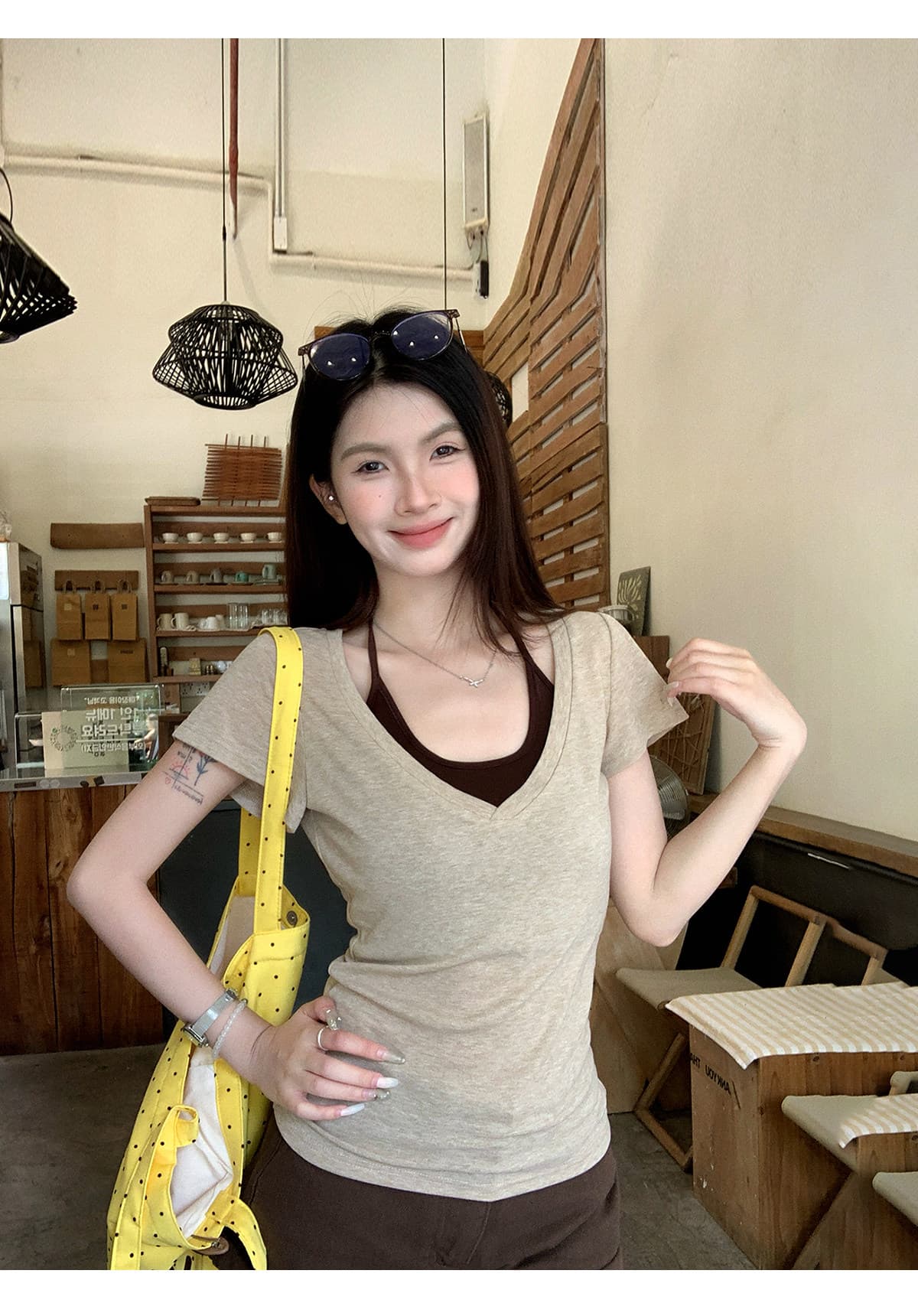 2026 반팔 티셔츠 여성 여름 새로운 스트랩 행침 목 슬립 디자인 센스 작은 대중 페이크 레이어드 몸매 가꾸기 맨위 상세 이미지 7