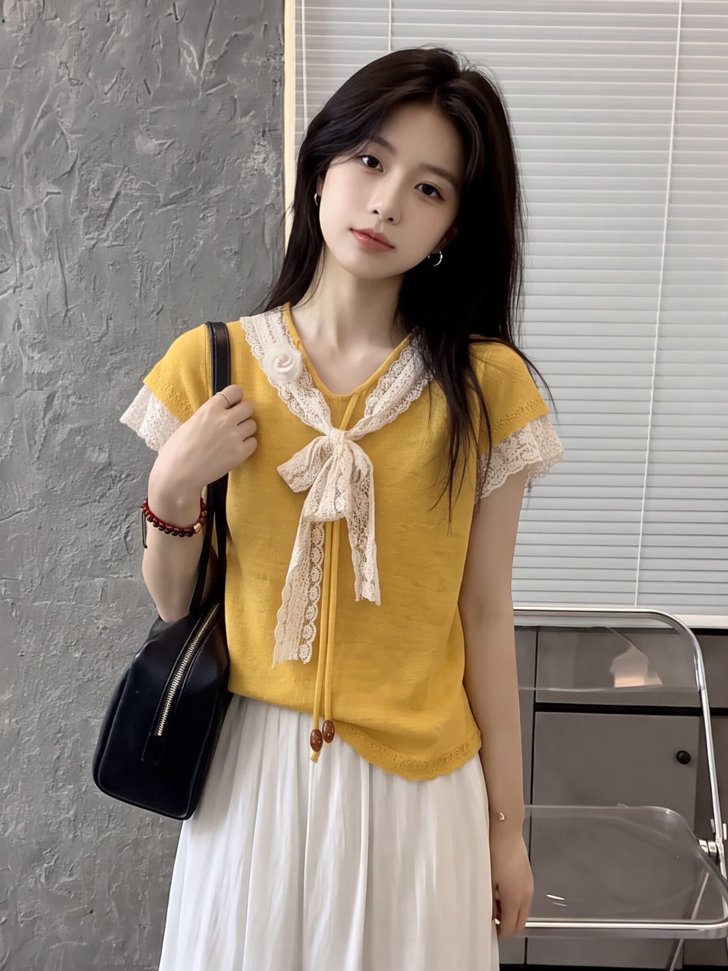 달콤함 연령 감소 황색 레이스 조각 레이스업 반팔 티셔츠 여성 여름 작은 대중 디자인 센스 얇은 스타일 니트 맨위 상세 이미지 6