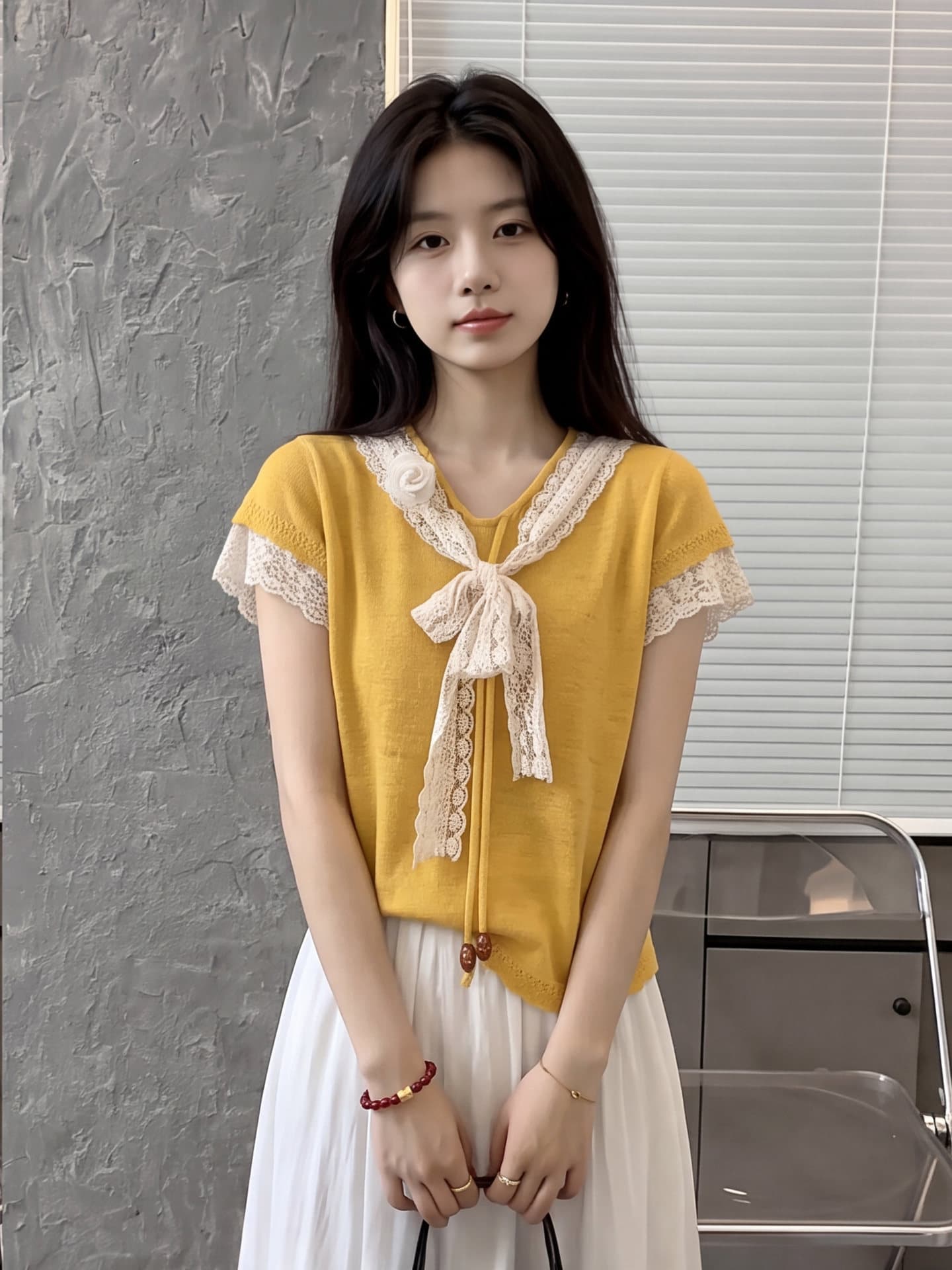 달콤함 연령 감소 황색 레이스 조각 레이스업 반팔 티셔츠 여성 여름 작은 대중 디자인 센스 얇은 스타일 니트 맨위 상세 이미지 7