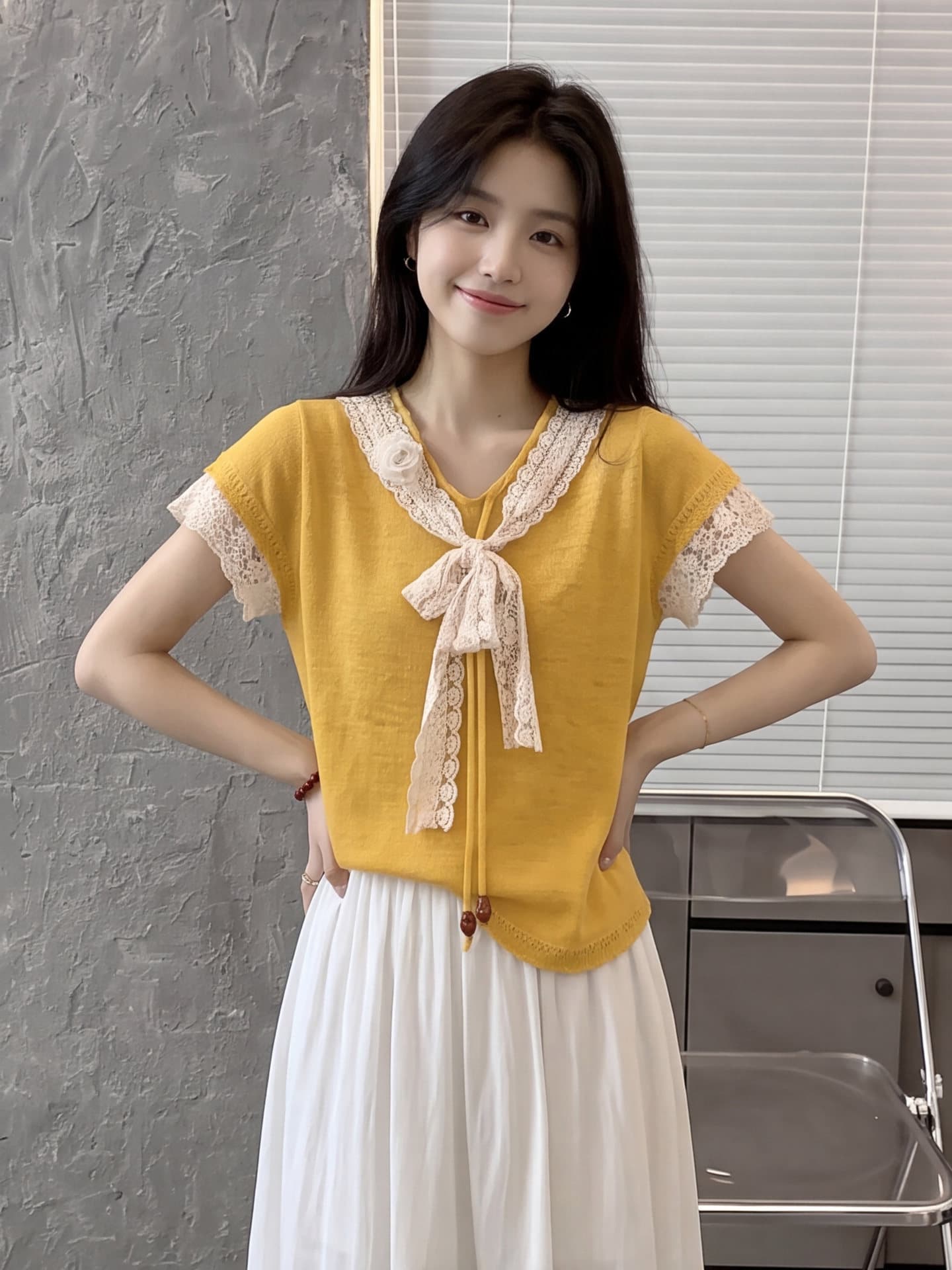 달콤함 연령 감소 황색 레이스 조각 레이스업 반팔 티셔츠 여성 여름 작은 대중 디자인 센스 얇은 스타일 니트 맨위 상세 이미지 9