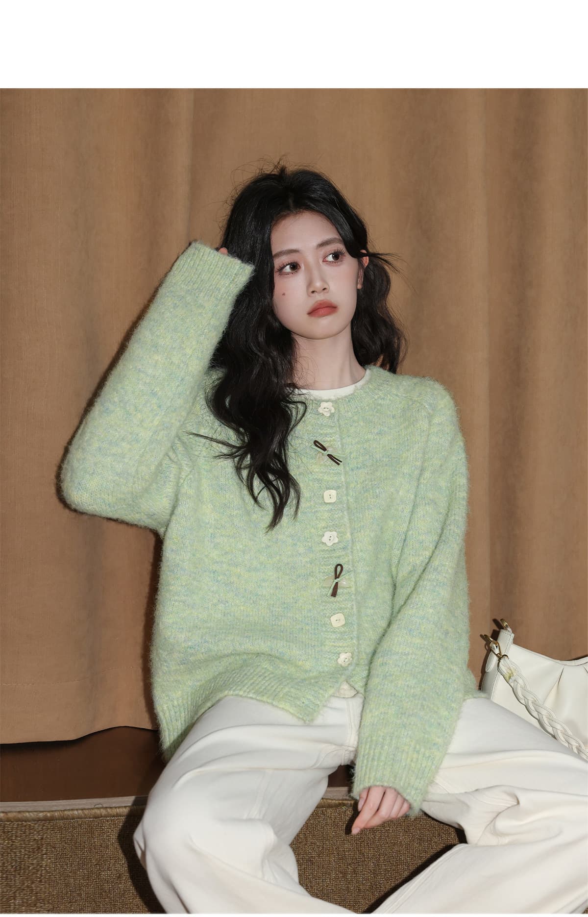 밝은 녹색 라운드 넥 스웨터 여성 코트 가을 겨울 2026 새로운 와이드 부드러운 찹쌀 두꺼운 니트 오픈 가디건 외부 잡아라. 의류 상세 이미지 3