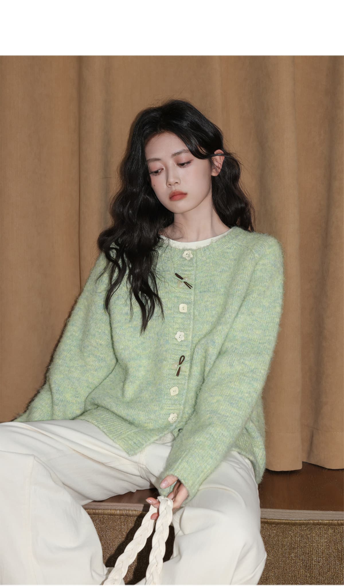 밝은 녹색 라운드 넥 스웨터 여성 코트 가을 겨울 2026 새로운 와이드 부드러운 찹쌀 두꺼운 니트 오픈 가디건 외부 잡아라. 의류 상세 이미지 4