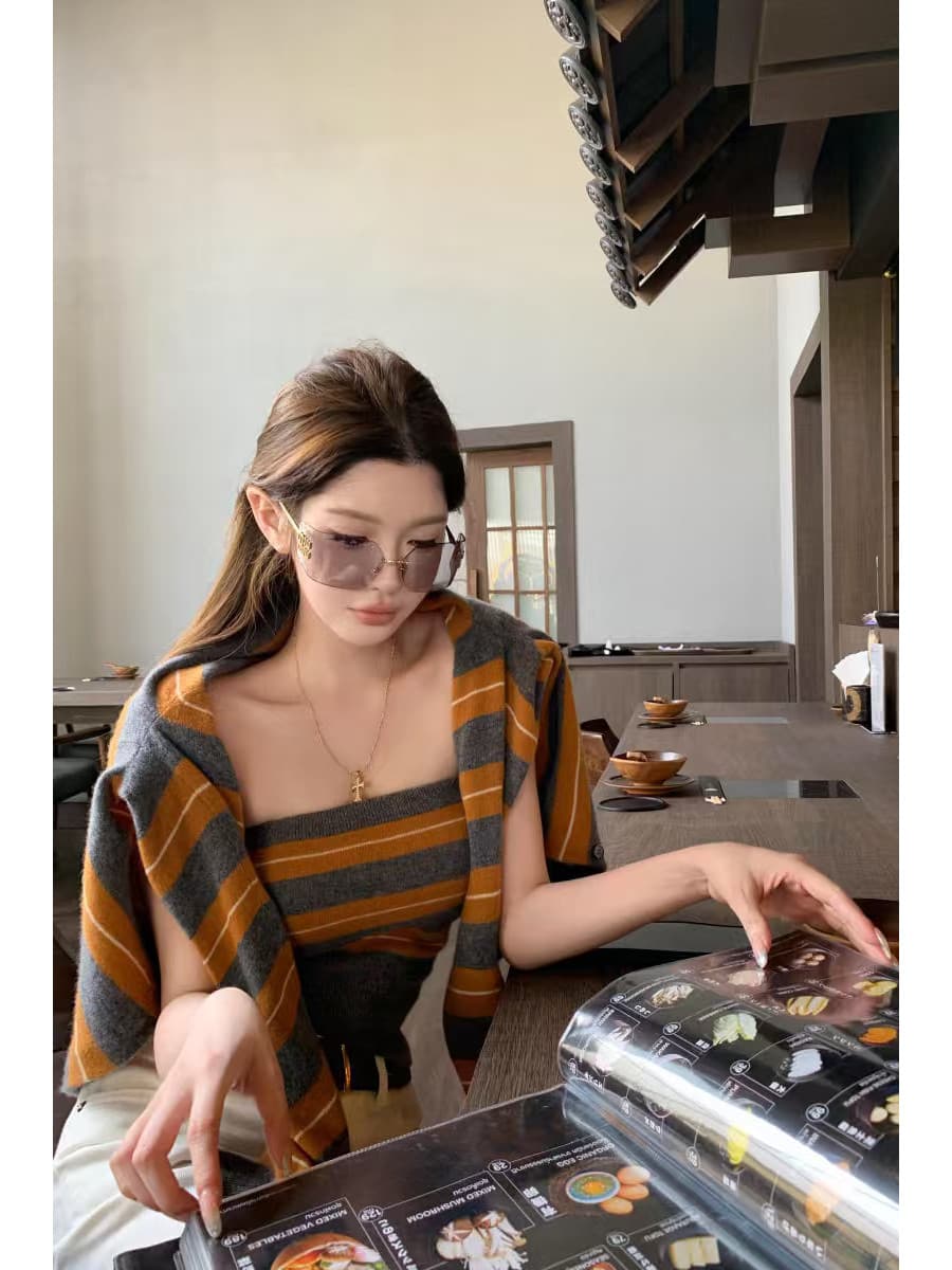품격 새로운 회색 주황색 스트라이프 인사이드 가져 가라. 패션 긴팔 니트 오픈 가디건 한 부서 다용도 착용 잡아라. 의류 두 조각 여성 세트 이미지 4