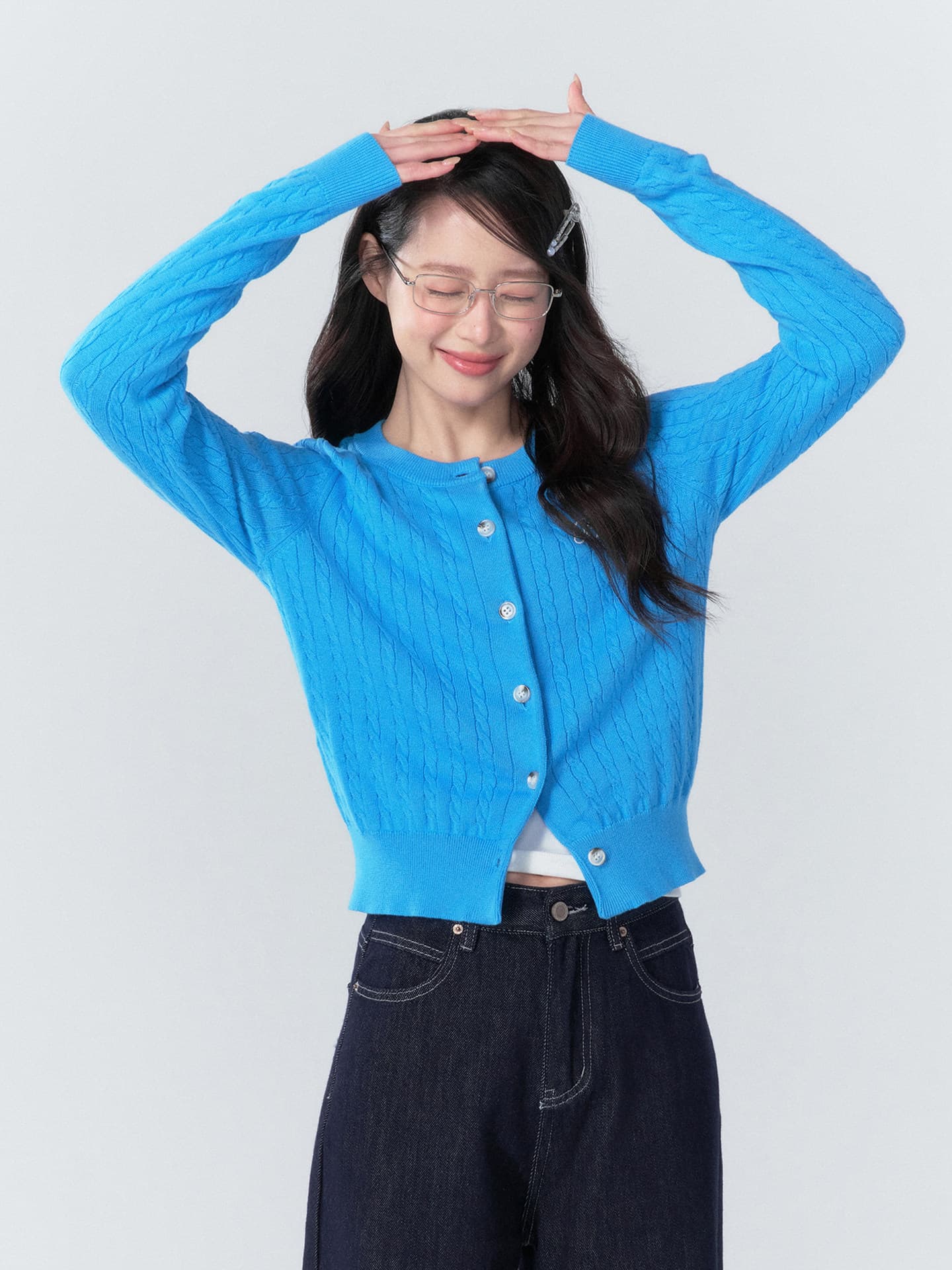 공작 블루 느긋한 바람 스웨터 라운드 넥 재킷 자수 니트 슬립 슬림해 보이는 캐주얼 오픈 가디건 여성 이미지 5