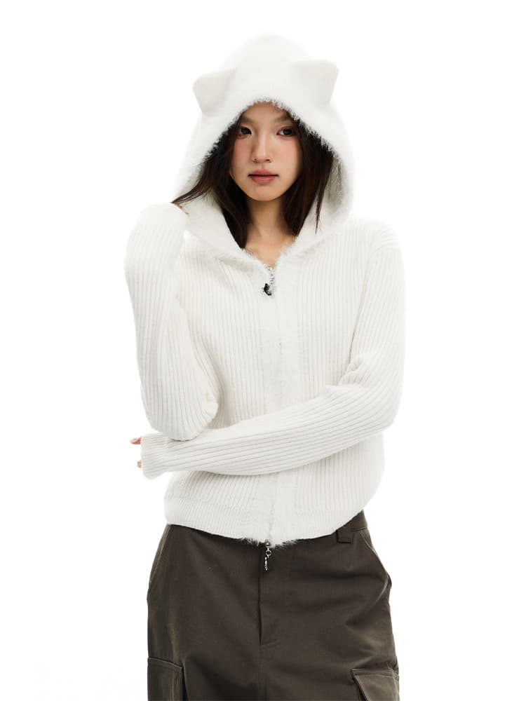 apea 레트로 귀여운 작은 곰 스웨터 여성 코트 가을 겨울철 거친 가장자리 패치워크 후드 쇼트 스타일 니트 오픈 가디건 맨위 이미지 4