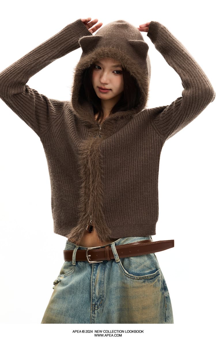 apea 레트로 귀여운 작은 곰 스웨터 여성 코트 가을 겨울철 거친 가장자리 패치워크 후드 쇼트 스타일 니트 오픈 가디건 맨위 상세 이미지 10