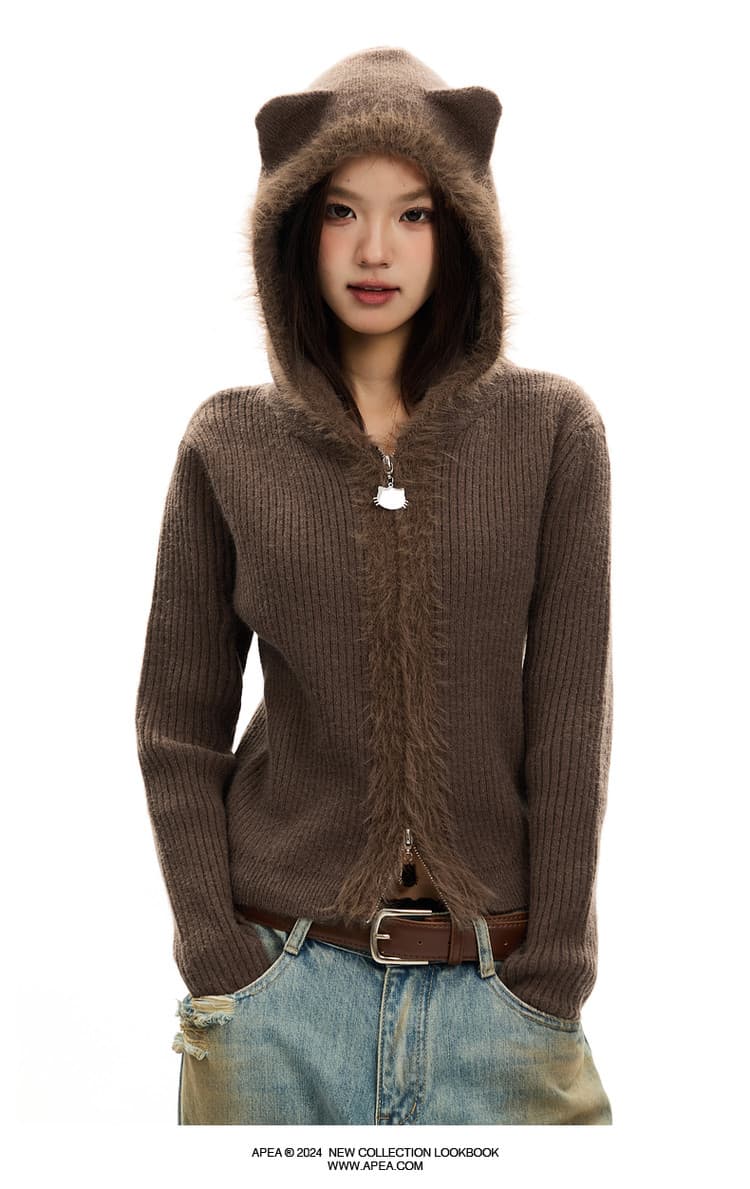 apea 레트로 귀여운 작은 곰 스웨터 여성 코트 가을 겨울철 거친 가장자리 패치워크 후드 쇼트 스타일 니트 오픈 가디건 맨위 상세 이미지 11