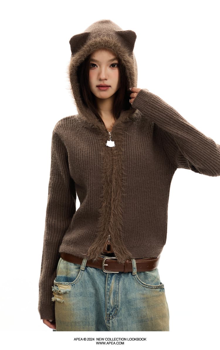 apea 레트로 귀여운 작은 곰 스웨터 여성 코트 가을 겨울철 거친 가장자리 패치워크 후드 쇼트 스타일 니트 오픈 가디건 맨위 상세 이미지 21