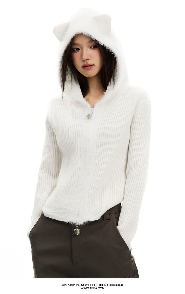 apea 레트로 귀여운 작은 곰 스웨터 여성 코트 가을 겨울철 거친 가장자리 패치워크 후드 쇼트 스타일 니트 오픈 가디건 맨위 상세 이미지 23