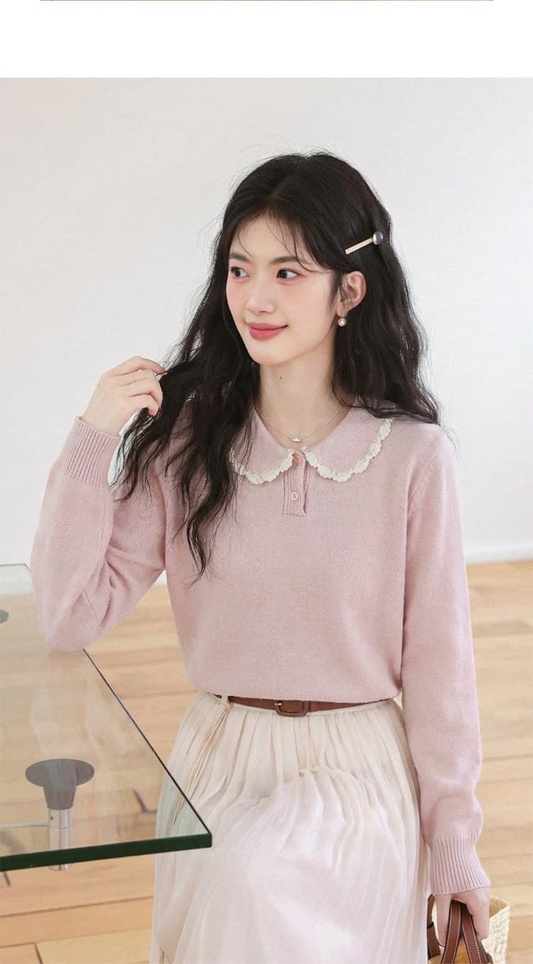 달콤함 베이비 칼라 핑크색 니트 스웨터 여성 2026 봄 가을 새로운 디자인 센스 작은 대중 루즈핏 긴팔 맨위 상세 이미지 7