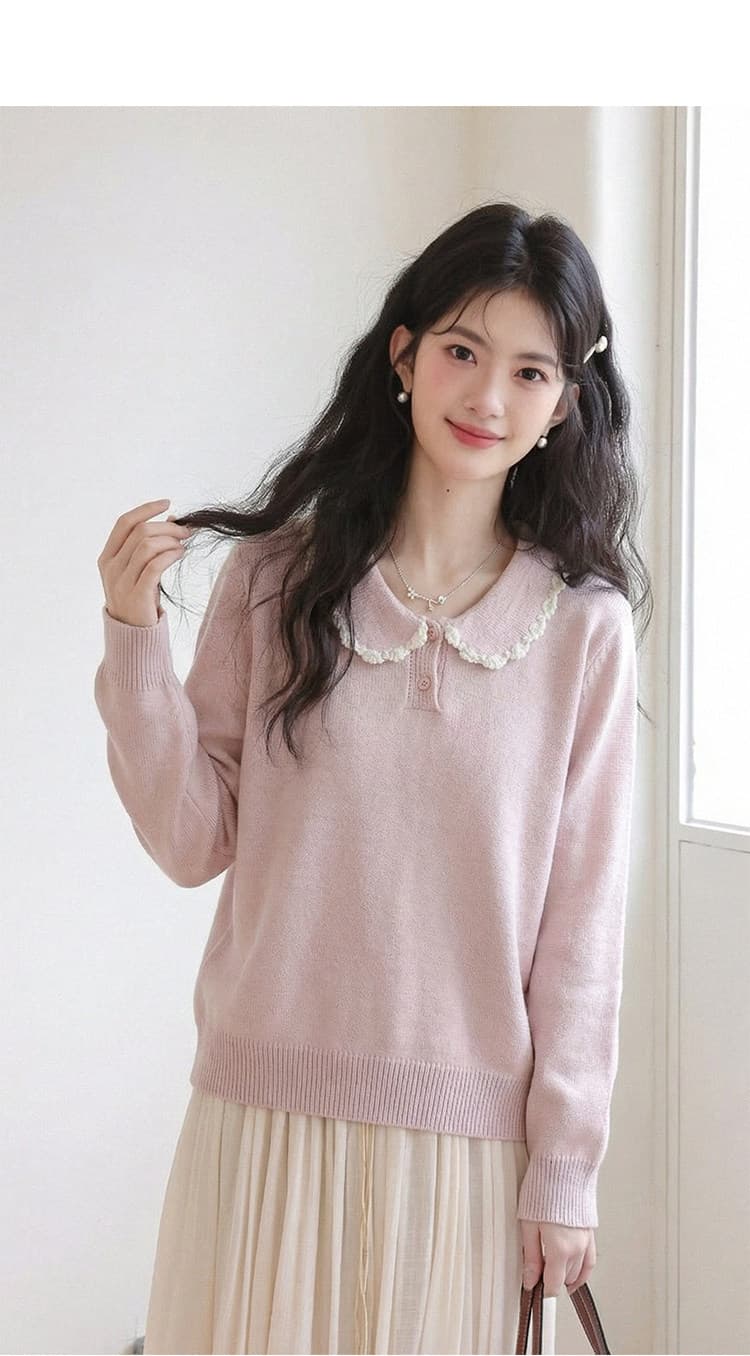 달콤함 베이비 칼라 핑크색 니트 스웨터 여성 2026 봄 가을 새로운 디자인 센스 작은 대중 루즈핏 긴팔 맨위 상세 이미지 8