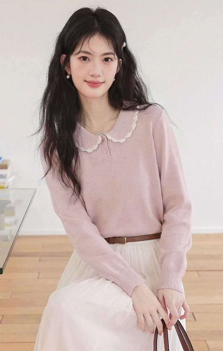 달콤함 베이비 칼라 핑크색 니트 스웨터 여성 2026 봄 가을 새로운 디자인 센스 작은 대중 루즈핏 긴팔 맨위 상세 이미지 9