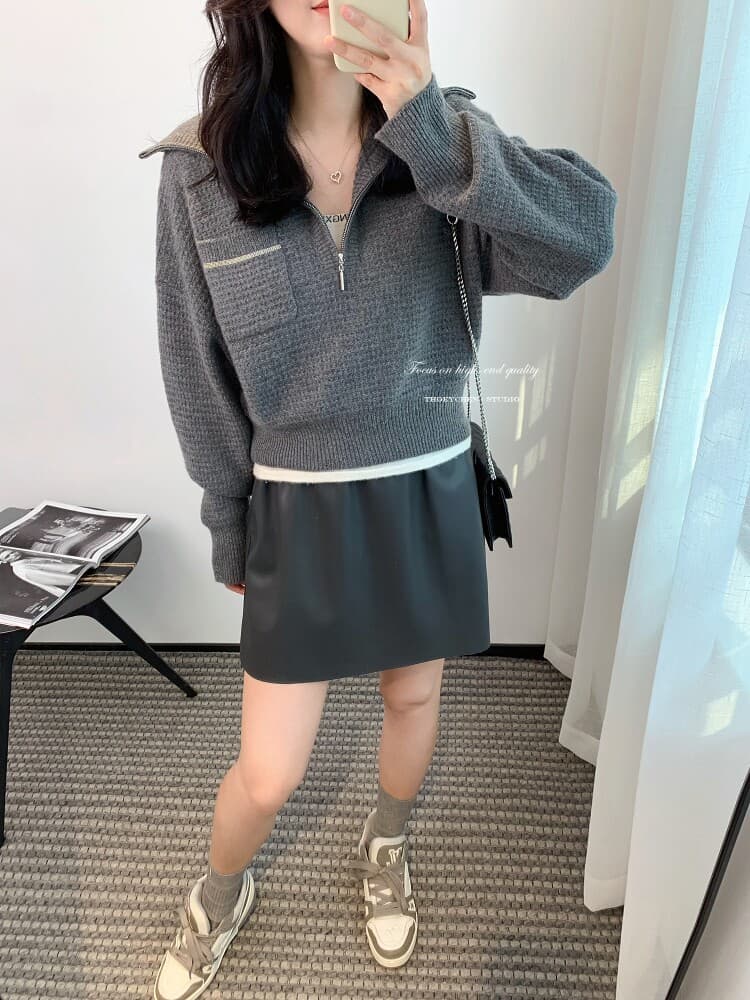 2026 가을 겨울 회색 터틀넥 스웨터 여자 하프 지퍼 폴로 칼라 느긋한 터틀넥 두꺼운 스타일 니트 스웨터 재킷 이미지 3