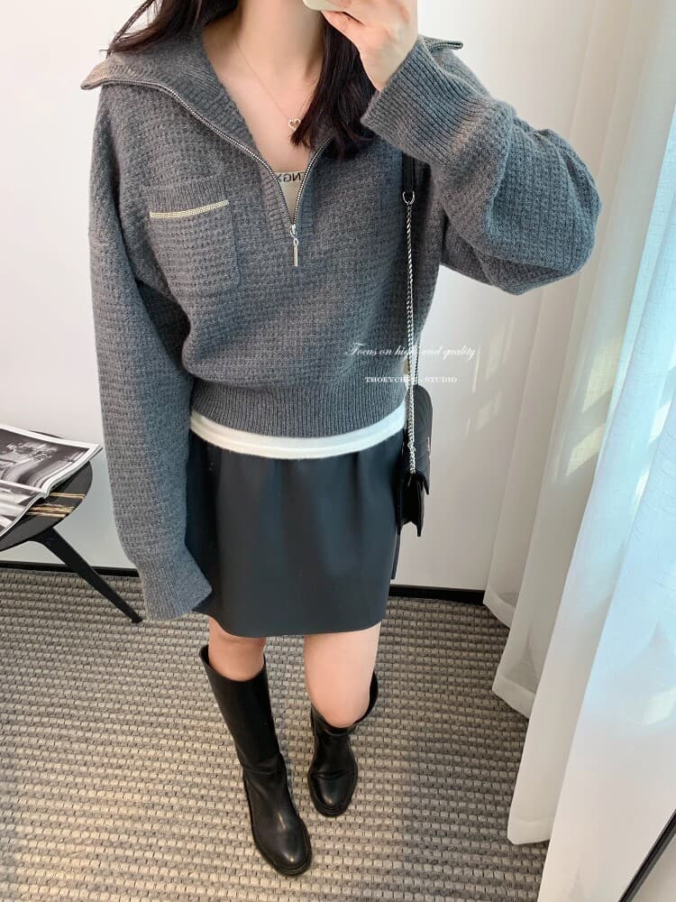 2026 가을 겨울 회색 터틀넥 스웨터 여자 하프 지퍼 폴로 칼라 느긋한 터틀넥 두꺼운 스타일 니트 스웨터 재킷