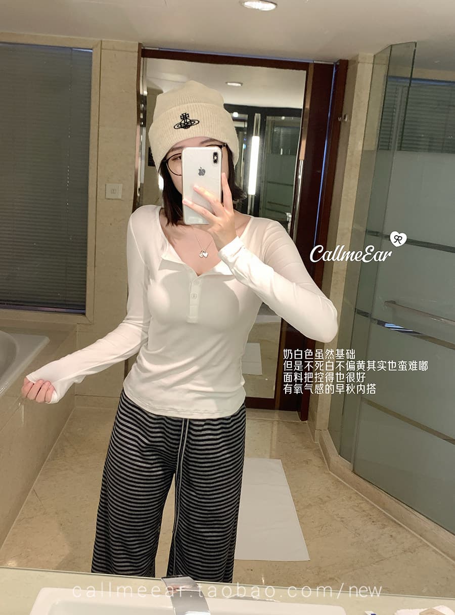 callmeear 미니멀리즘 수식 라이 경기 서울 양모 긴팔 티셔츠 여성 이른 가을 몸매 가꾸기 슬림해 보이는 맨위 이미지 3