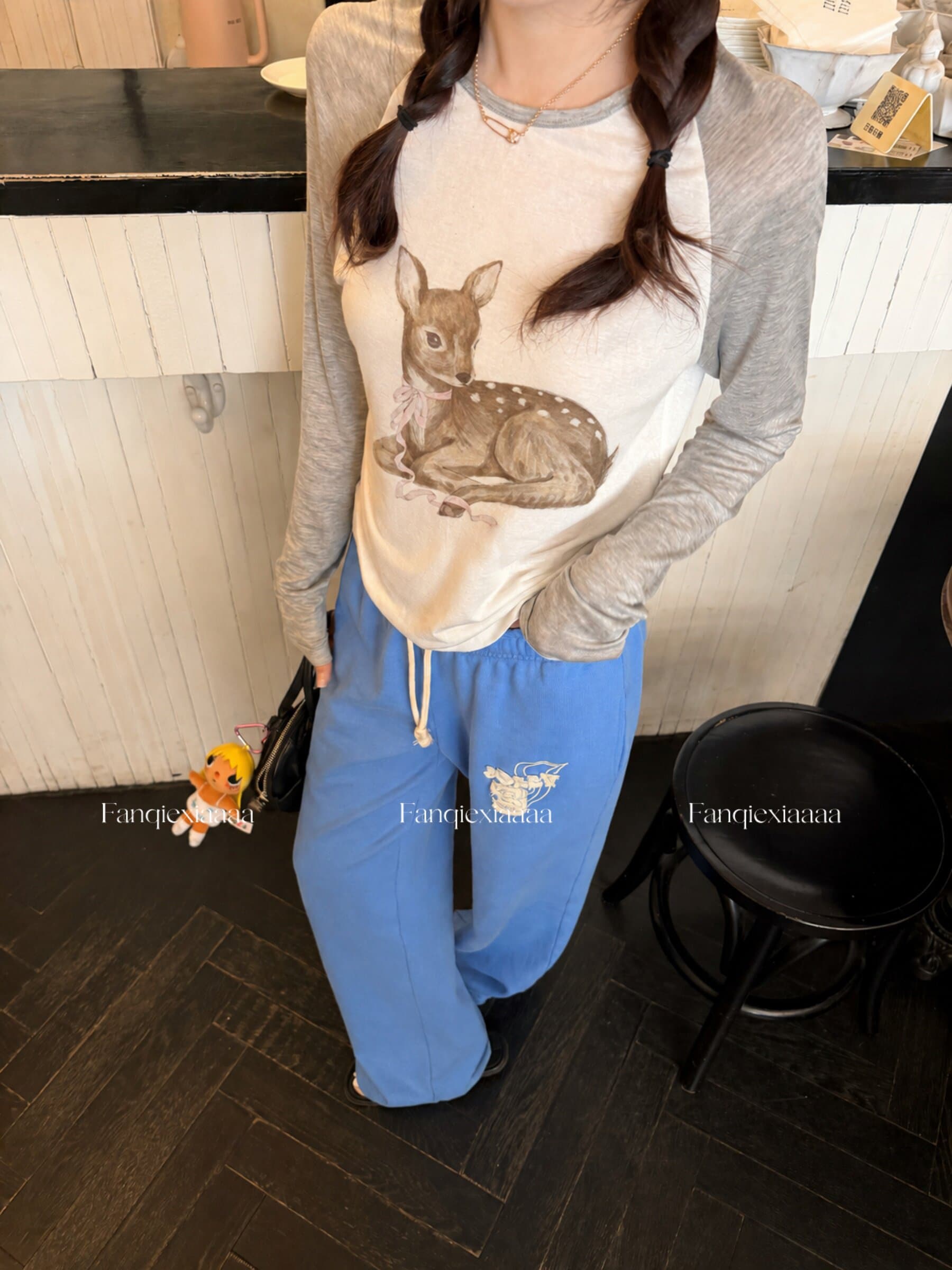 토마토 남자 작은 사슴 충돌 100 라이 경기 서울 삽입 어깨 소매 프린트 긴팔 티셔츠 여성 배색 라운드 넥 자외선 차단 맨위 상세 이미지 26
