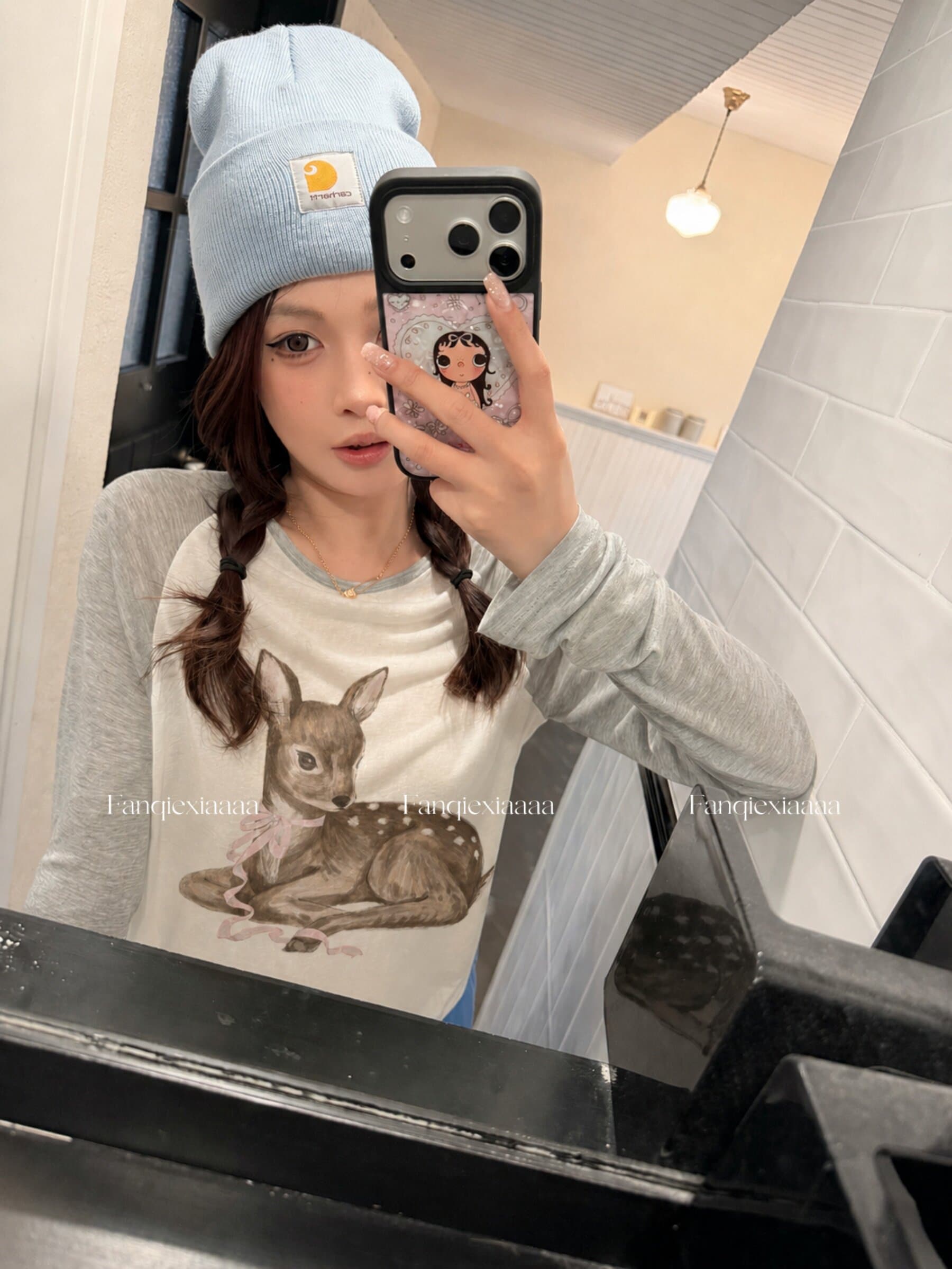 토마토 남자 작은 사슴 충돌 100 라이 경기 서울 삽입 어깨 소매 프린트 긴팔 티셔츠 여성 배색 라운드 넥 자외선 차단 맨위 상세 이미지 38