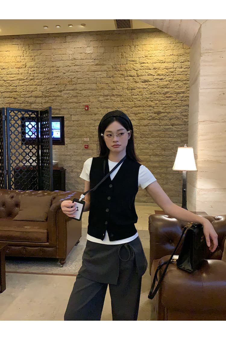 송 긍정적 인 En 검정색 스웨터 니트 베스트 조끼 여성 여름 스택 착용 외출용 높음 지혜 센스 슬림해 보이는 어깨 작은 맨위 상세 이미지 5