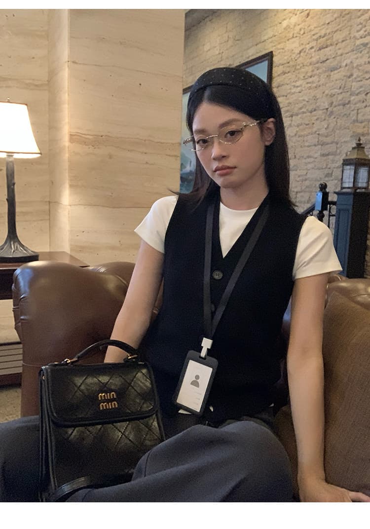 송 긍정적 인 En 검정색 스웨터 니트 베스트 조끼 여성 여름 스택 착용 외출용 높음 지혜 센스 슬림해 보이는 어깨 작은 맨위 상세 이미지 6