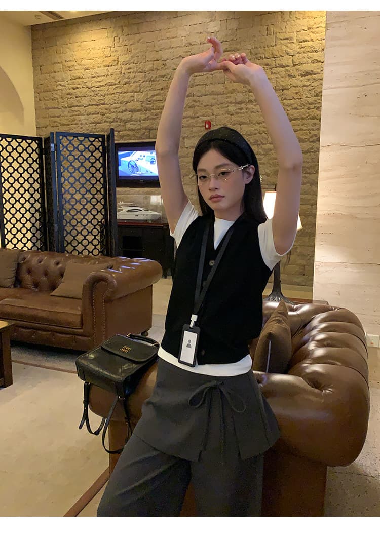 송 긍정적 인 En 검정색 스웨터 니트 베스트 조끼 여성 여름 스택 착용 외출용 높음 지혜 센스 슬림해 보이는 어깨 작은 맨위 상세 이미지 8