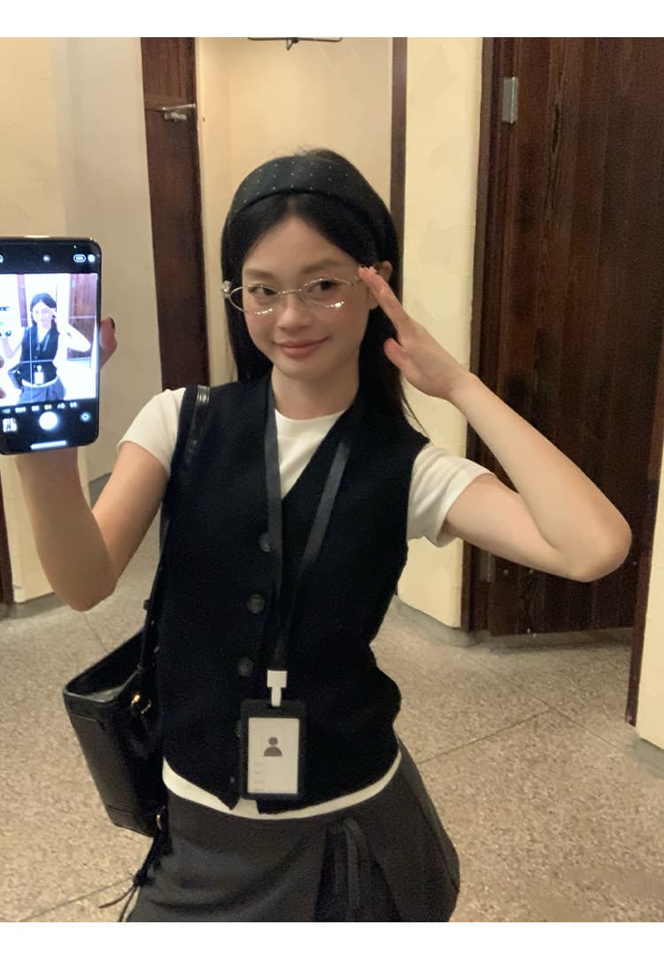 송 긍정적 인 En 검정색 스웨터 니트 베스트 조끼 여성 여름 스택 착용 외출용 높음 지혜 센스 슬림해 보이는 어깨 작은 맨위 상세 이미지 11