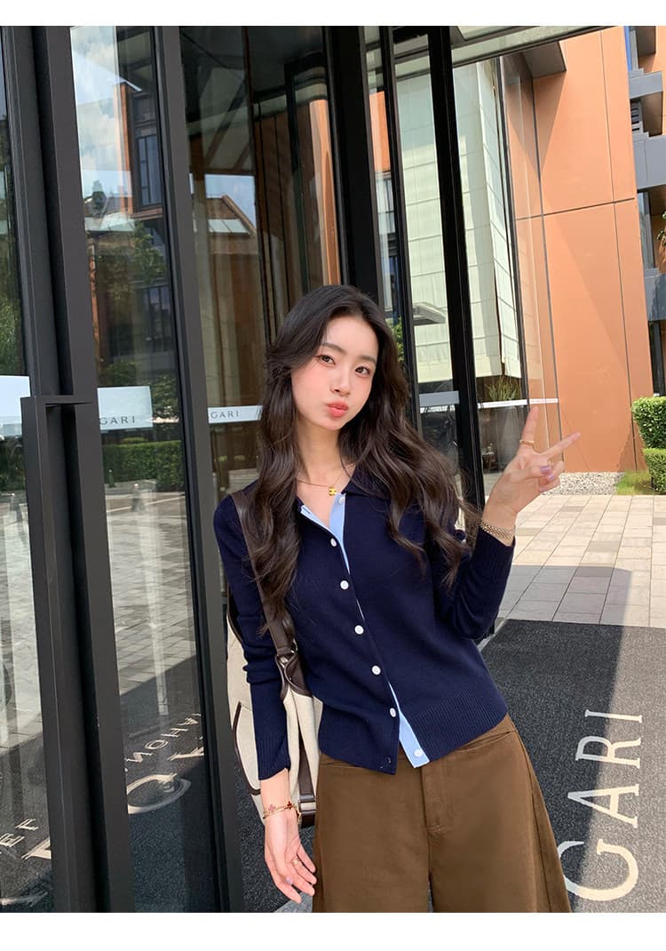 pusumede 착용 가져 가라. 수식 배색 POLO 칼라 니트 오픈 가디건 여성 봄 가을 디자인 센스 긴팔 품격 맨위 상세 이미지 21