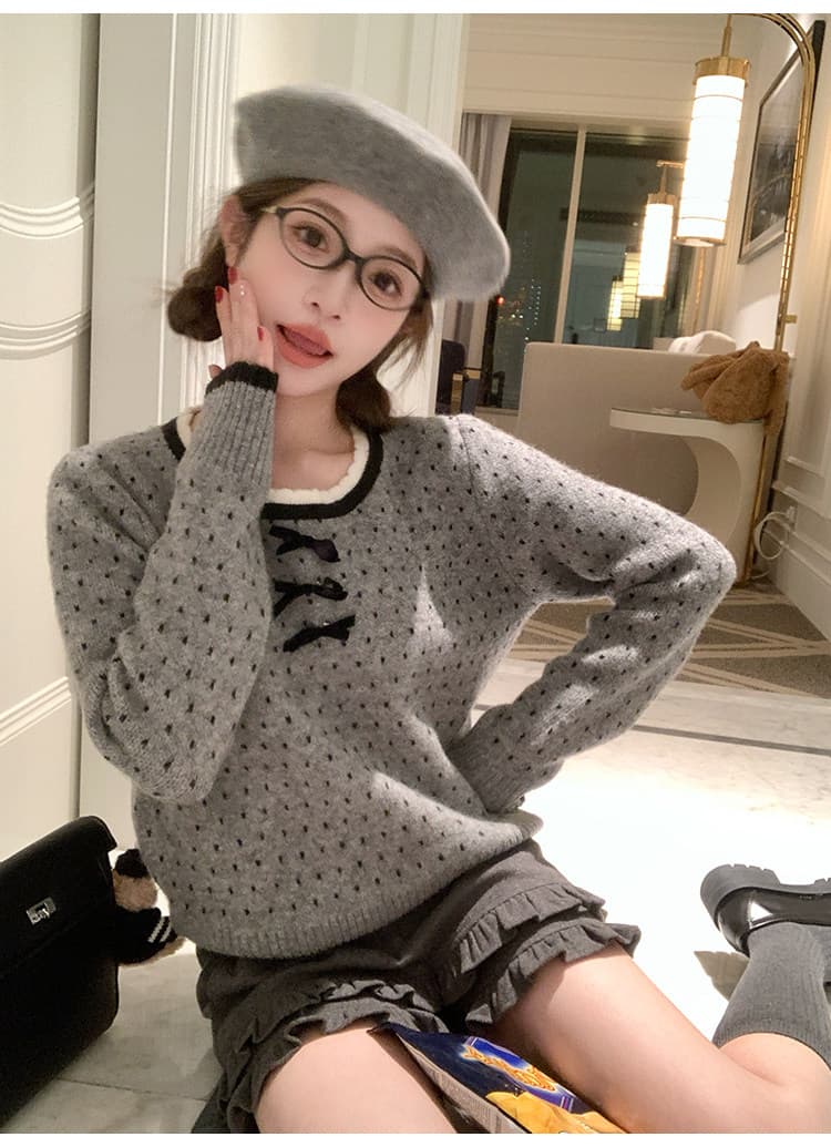 ff blue 소보 무곡 2 색 도트 무늬 양모 레이스 나비 매듭 스웨터 느긋한 디자인 센스 다용도 맨위 상세 이미지 4