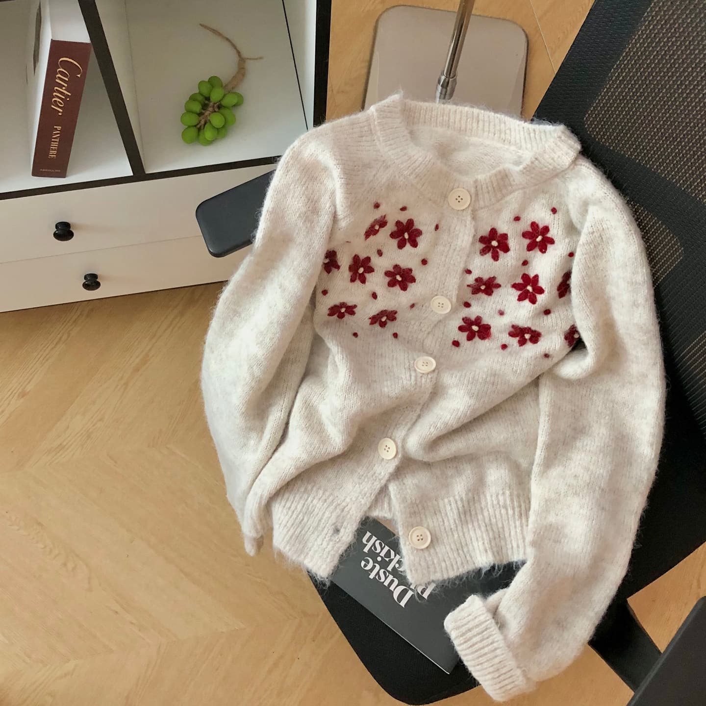 무거운 작업 자수 부드러운 찹쌀 달콤함 한 부서 스웨터 여자 가을 겨울 새로운 루즈핏 느긋한 바람 긴팔 다용도 니트 오픈 가디건 이미지 6