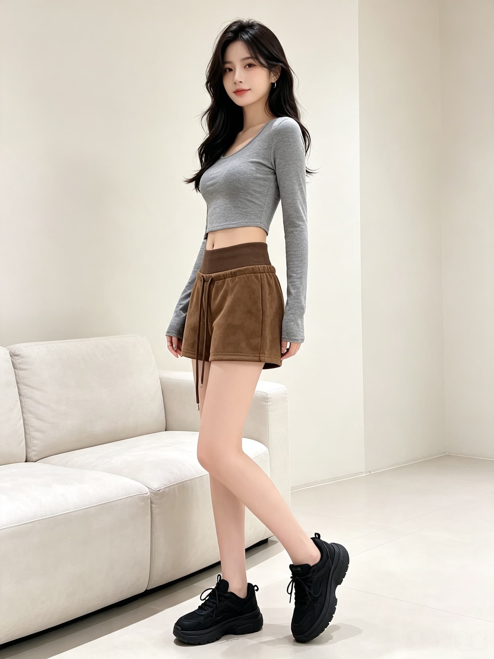 실사 레트로 스웨이드 원단 반바지 여성 봄 가을 2026 새로운 작은 키 하이웨이스트 한 마디 외출용 넓은 다리 부츠 바지 상세 이미지 10