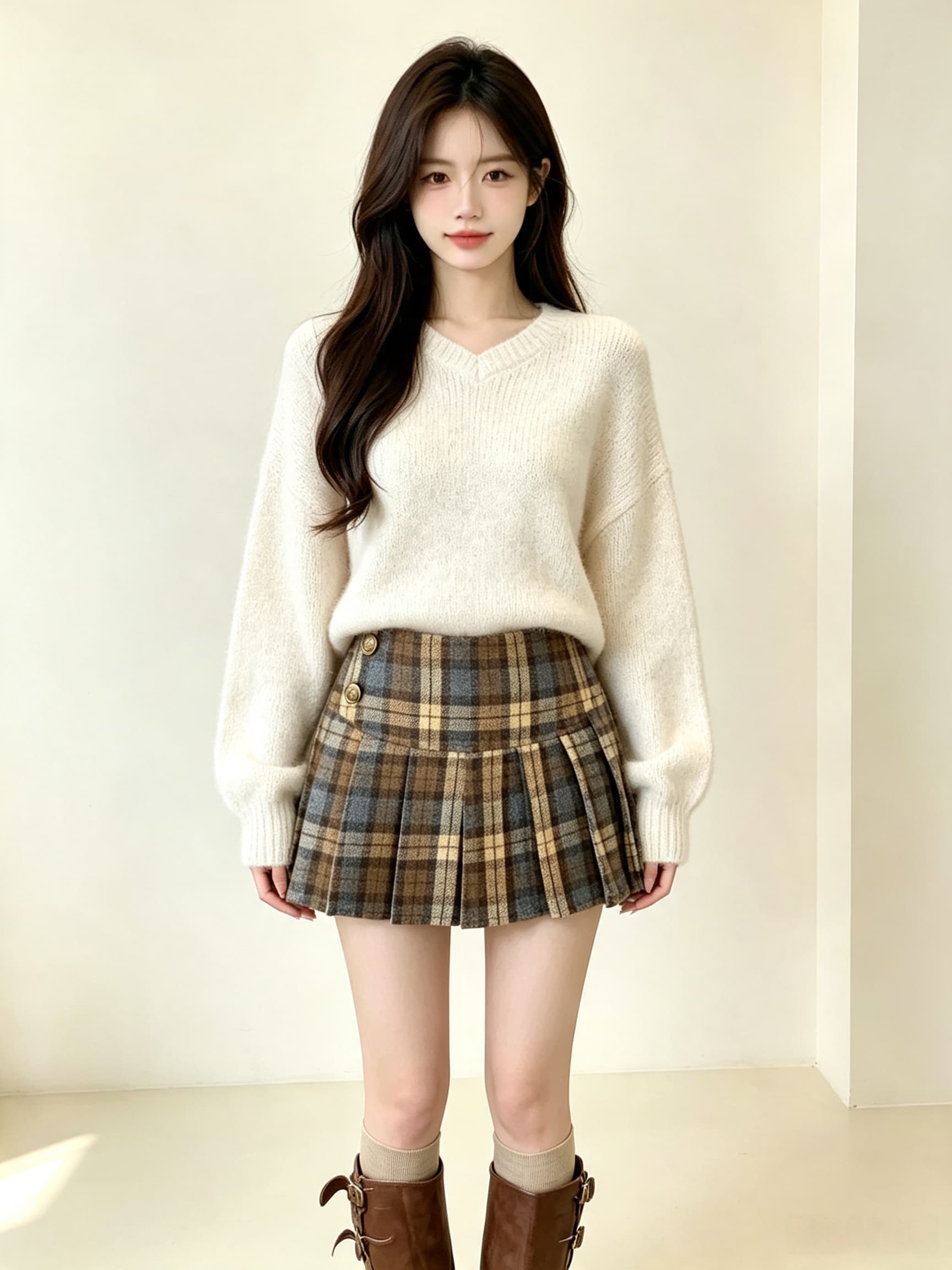 실사 레트로 배색 체크무늬 모직 반신 스커트 여성 학원 스타일 플리츠 스커트 슬림해 보이는 하이웨이스트 치마 한 마디 미니 스커트 상세 이미지 2
