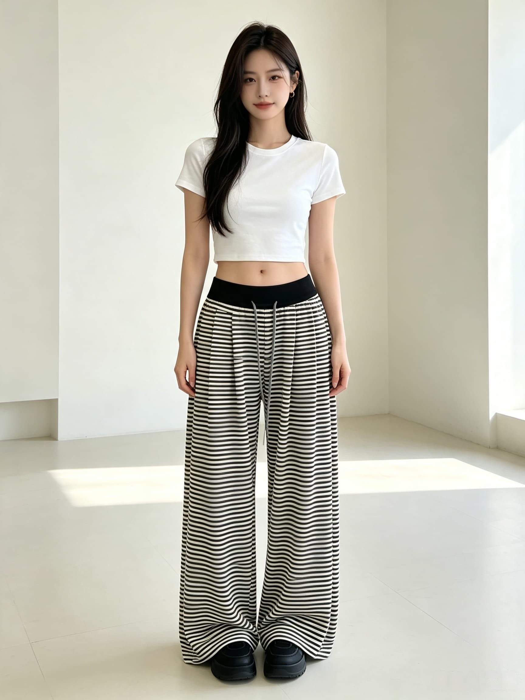 실사 패치워크 펌프 로프 허리밴드 스트라이프 니트 와이드 레깅스 바지 부드러운 찹쌀 도루 센스 가로 줄무늬 바지 2026 새로운 이미지 2