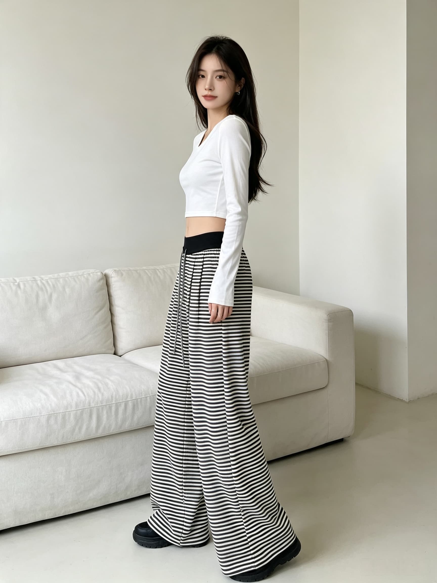 실사 패치워크 펌프 로프 허리밴드 스트라이프 니트 와이드 레깅스 바지 부드러운 찹쌀 도루 센스 가로 줄무늬 바지 2026 새로운 이미지 3