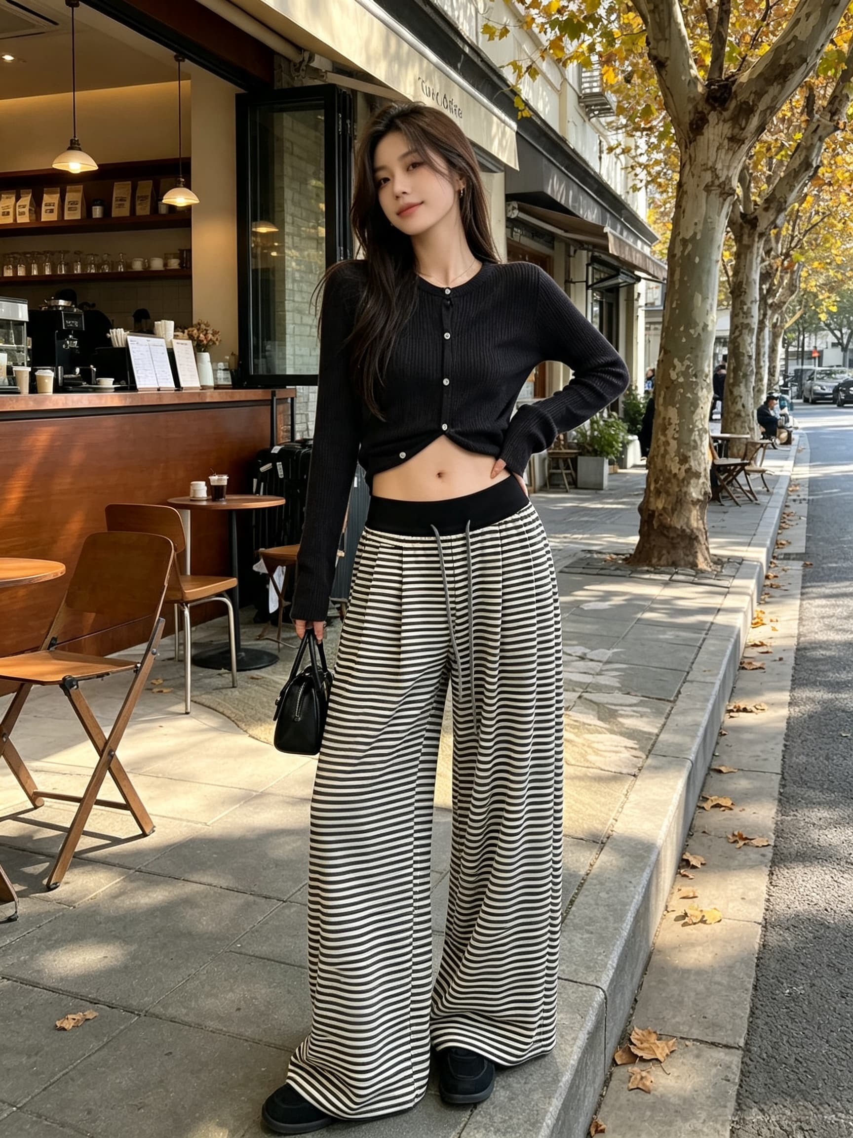 실사 패치워크 펌프 로프 허리밴드 스트라이프 니트 와이드 레깅스 바지 부드러운 찹쌀 도루 센스 가로 줄무늬 바지 2026 새로운 상세 이미지 4