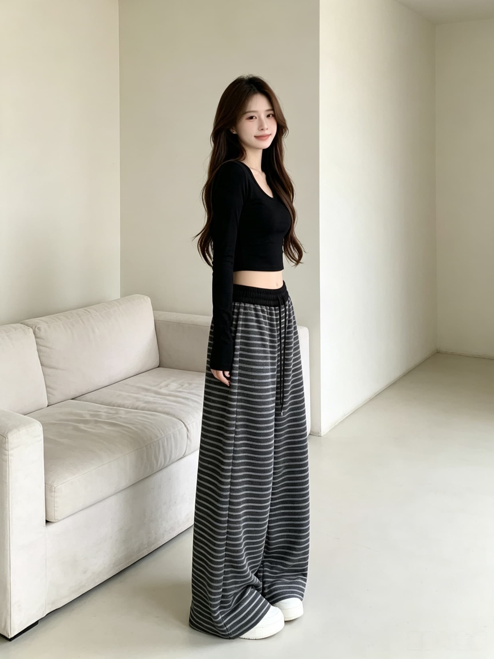 실사 패치워크 펌프 로프 허리밴드 스트라이프 니트 와이드 레깅스 바지 부드러운 찹쌀 도루 센스 가로 줄무늬 바지 2026 새로운 상세 이미지 5