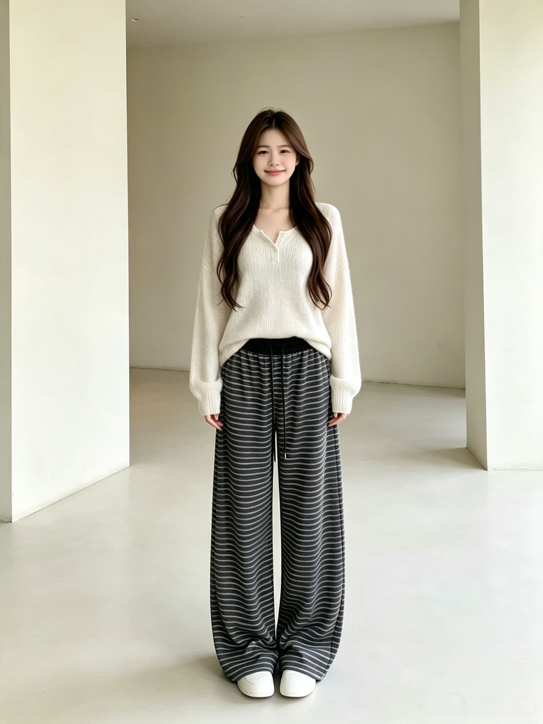 실사 패치워크 펌프 로프 허리밴드 스트라이프 니트 와이드 레깅스 바지 부드러운 찹쌀 도루 센스 가로 줄무늬 바지 2026 새로운 상세 이미지 7