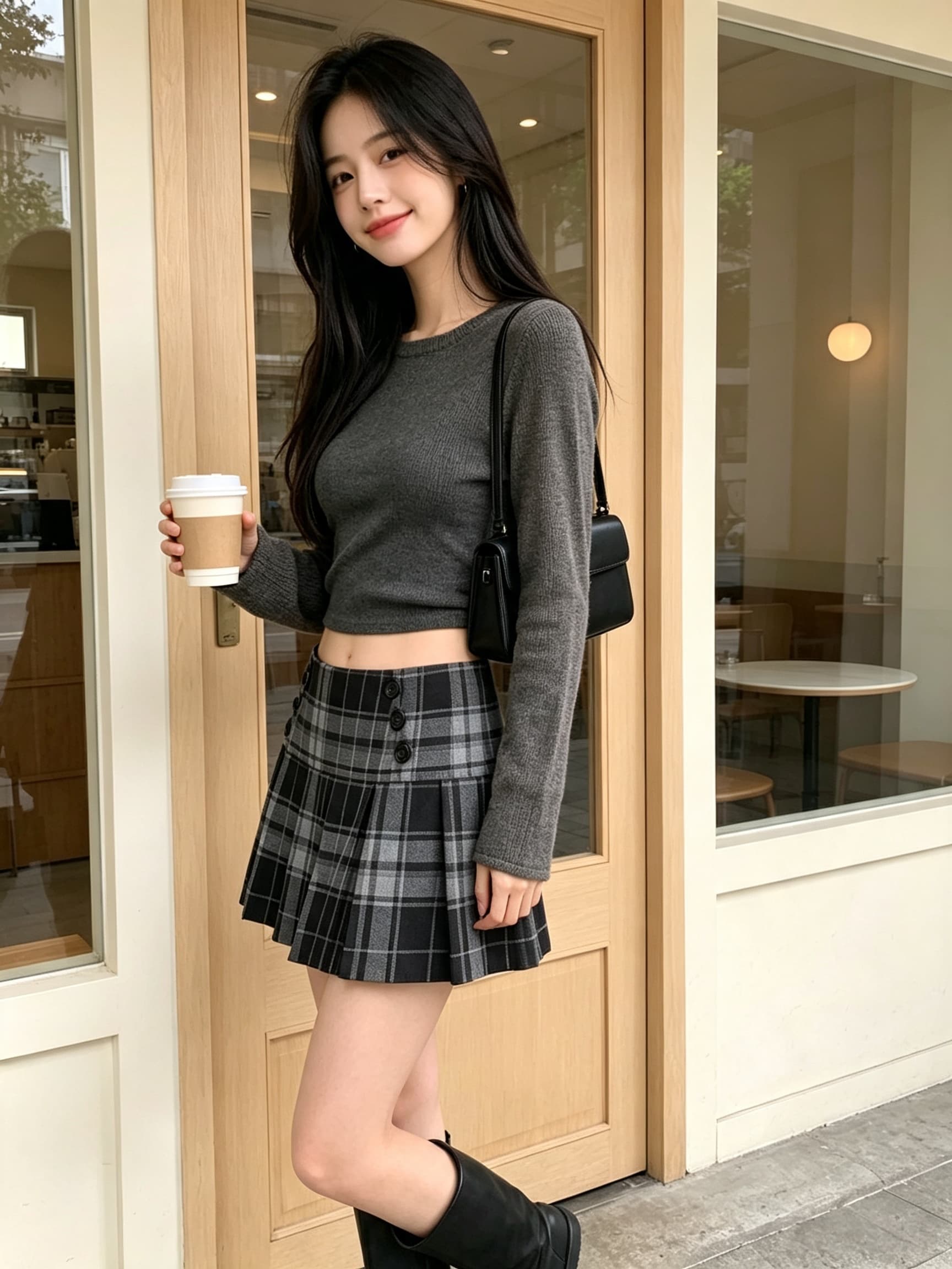 실사 레트로 체크무늬 플리츠 스커트 여성 슬림해 보이는 하이웨이스트 노출 방지 A라인 스커트 다용도 연령 감소 체크무늬 반신 스커트 이미지 4