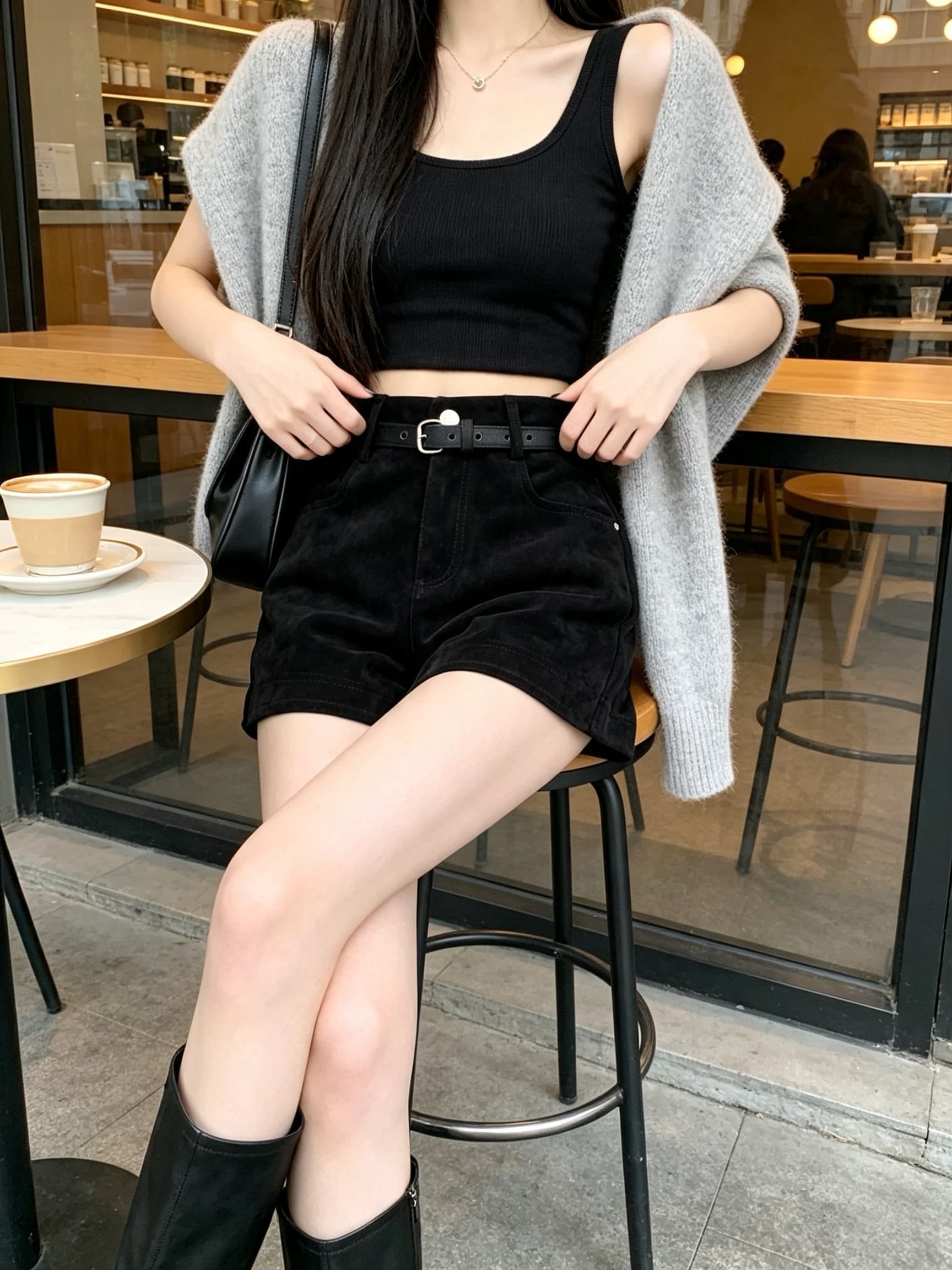 실사 아메리칸 레트로 브라운 스웨이드 원단 반바지 여성 디자인 센스 핫걸 다용도 가죽 바지 슬림해 보이는 캐주얼 바지 이미지 3