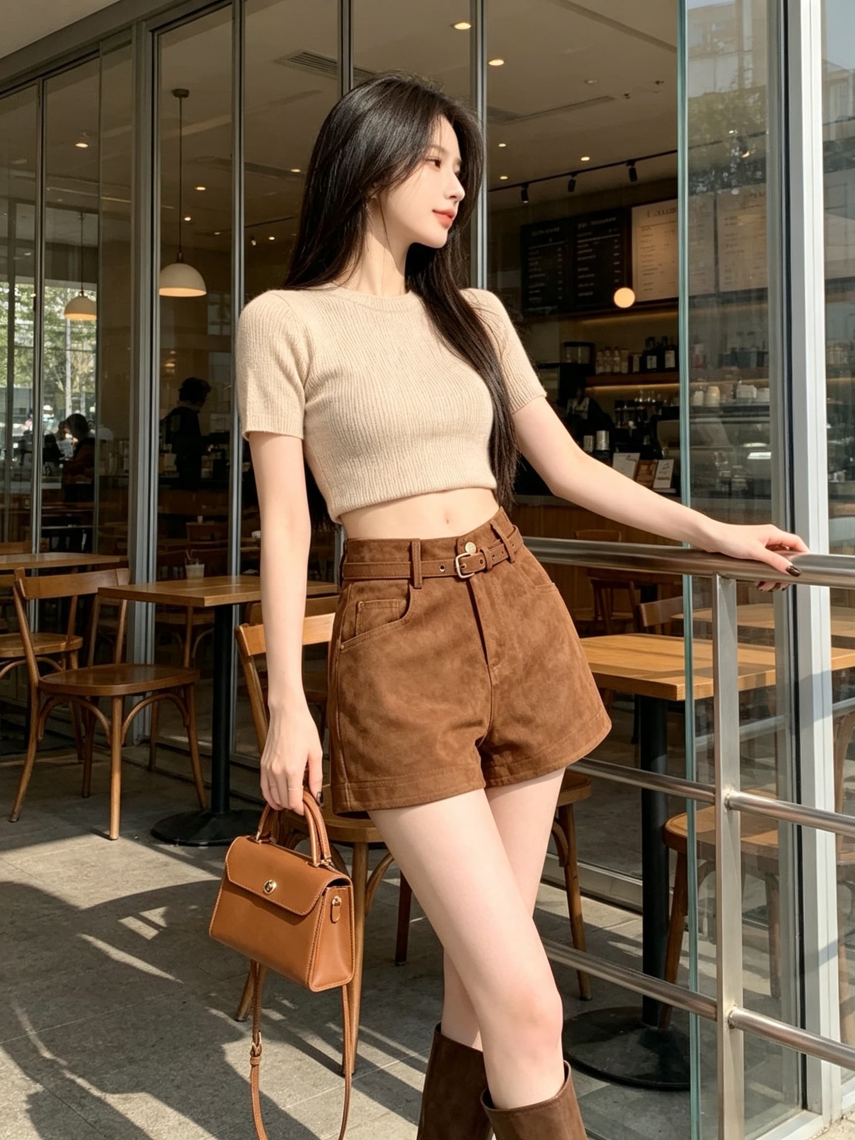 실사 아메리칸 레트로 브라운 스웨이드 원단 반바지 여성 디자인 센스 핫걸 다용도 가죽 바지 슬림해 보이는 캐주얼 바지 이미지 4