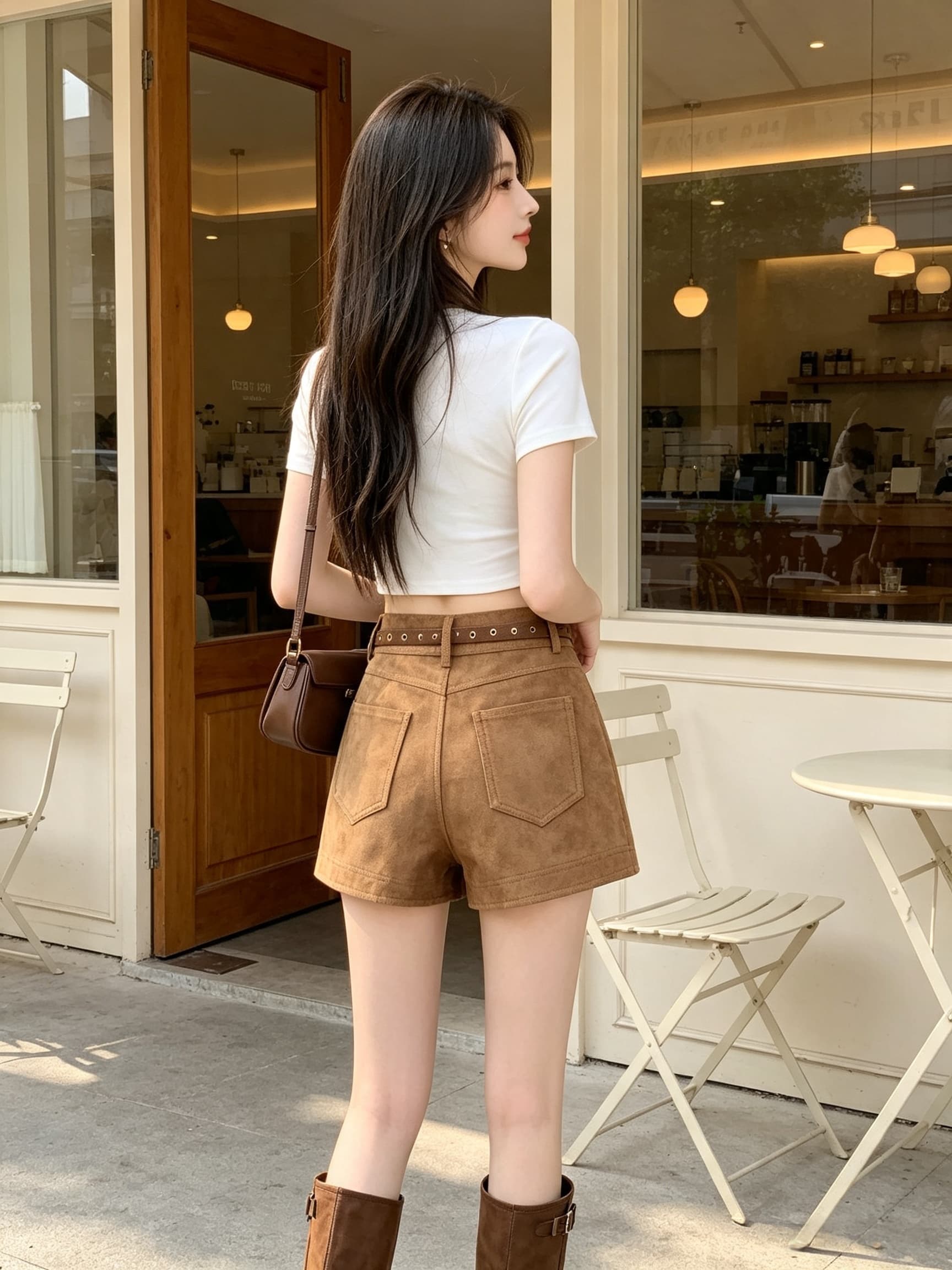 실사 아메리칸 레트로 브라운 스웨이드 원단 반바지 여성 디자인 센스 핫걸 다용도 가죽 바지 슬림해 보이는 캐주얼 바지 이미지 2