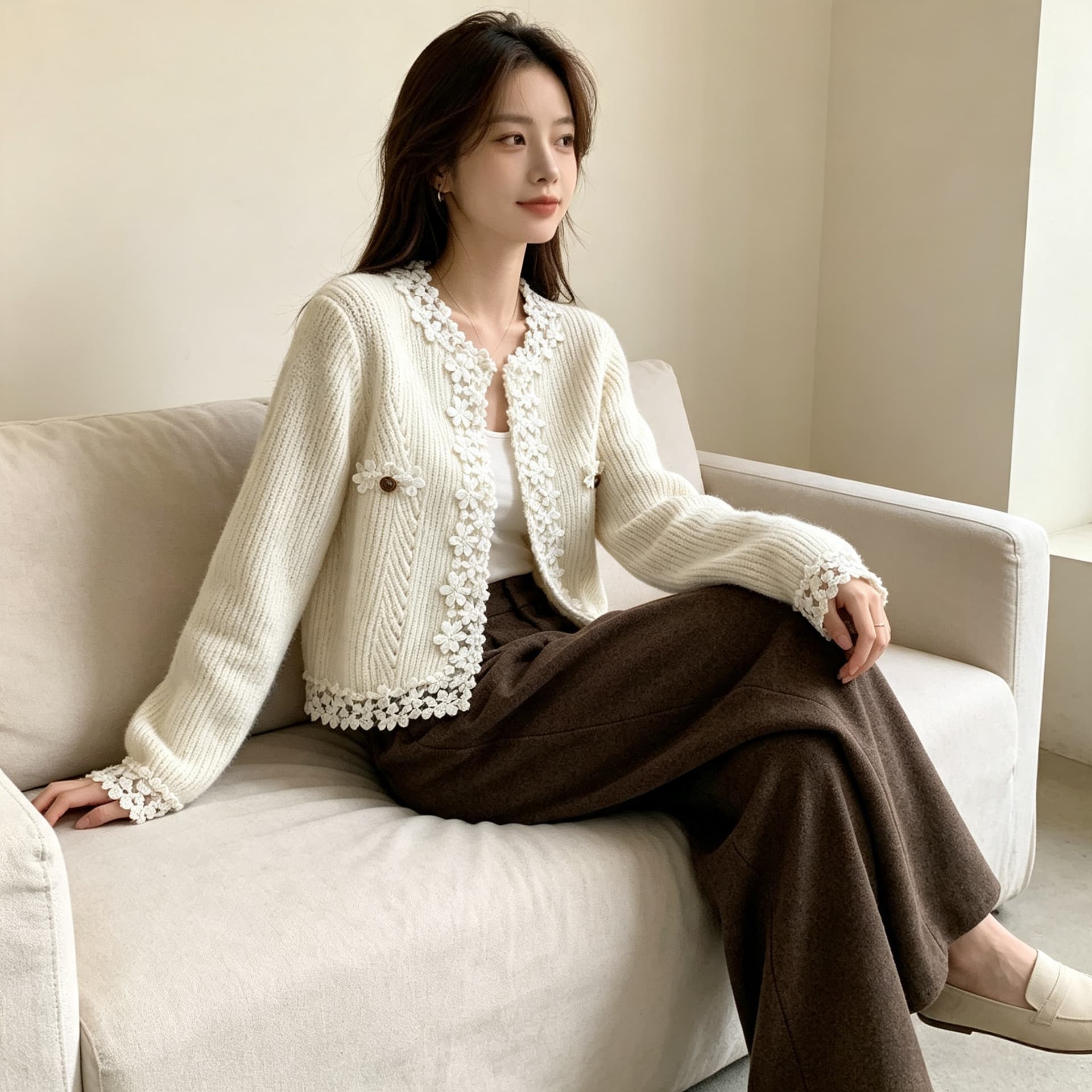 실사 2026 새로운 레이스 레이스 화이트 작은 샤넬 스타일 스웨터 여성 코트 가을 니트 오픈 가디건 맨위 상세 이미지 7