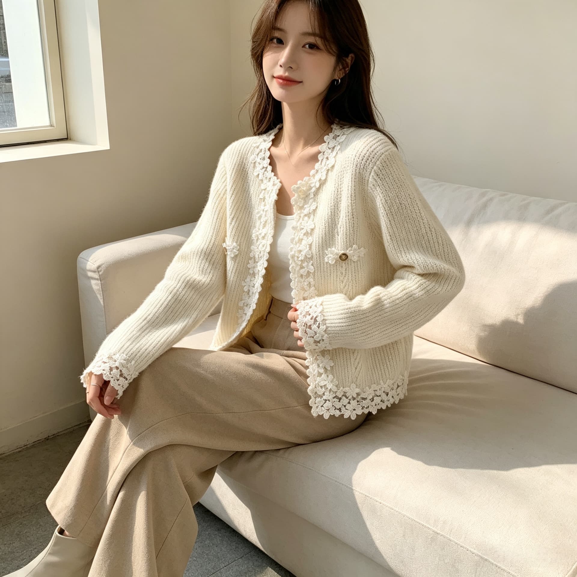실사 2026 새로운 레이스 레이스 화이트 작은 샤넬 스타일 스웨터 여성 코트 가을 니트 오픈 가디건 맨위 상세 이미지 8
