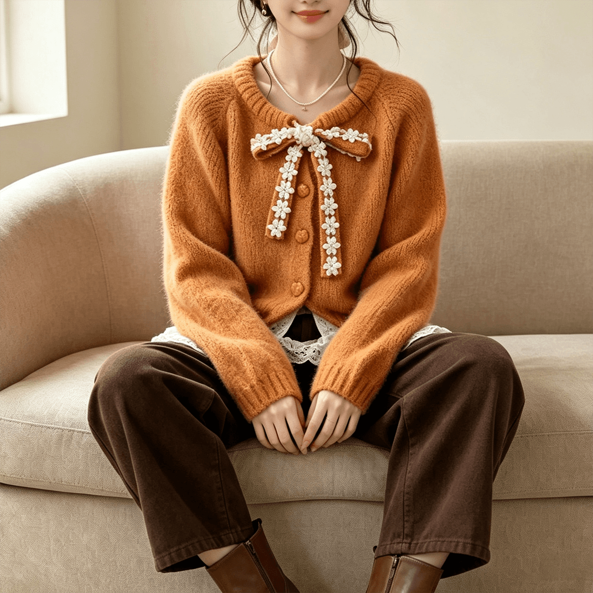 실사 레이스 레이스업 스웨터 오픈 가디건 여성 2026 새로운 가을 겨울철 느긋한 바람 플러스 두껍고 부드러운 찹쌀 니트 재킷 이미지 5