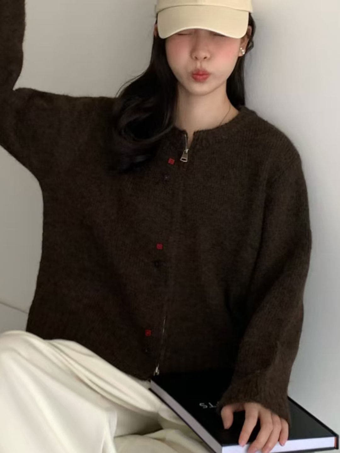 한 부서 레트로 라운드 넥 더블 지퍼 스웨터 여성 코트 새로운 루즈핏 다용도 니트 오픈 가디건 맨위 이미지 4