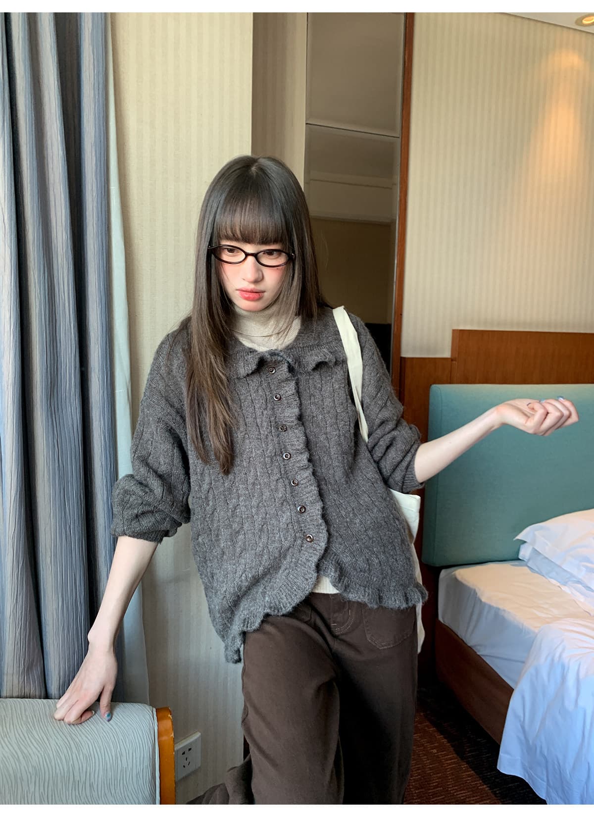 안녕하세요. 대포 무거운 작업 프릴 칼라 꽈배기 니트 오픈 가디건 여성 봄 작은 대중 캐주얼 부드러운 찹쌀 풀오버 상세 이미지 11