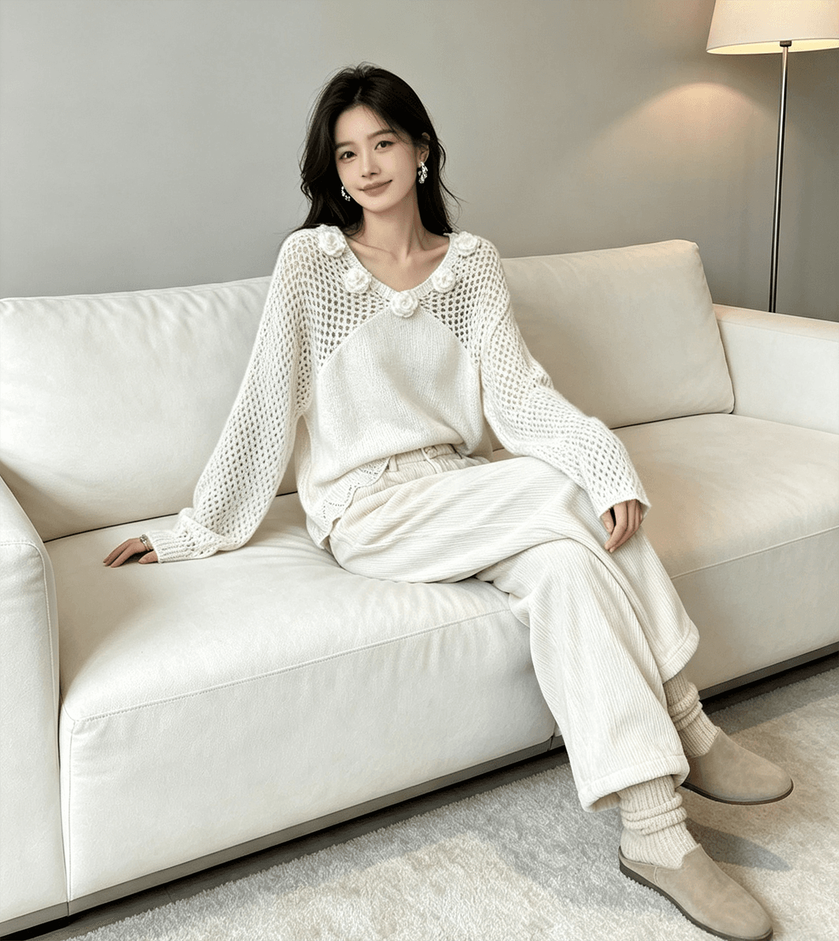 실사 여성 의류 봄 가을 디자인 센스 3 차원 꽃 V넥 긴팔 니트 홀로우 아웃 루즈핏 스웨터 이미지 2