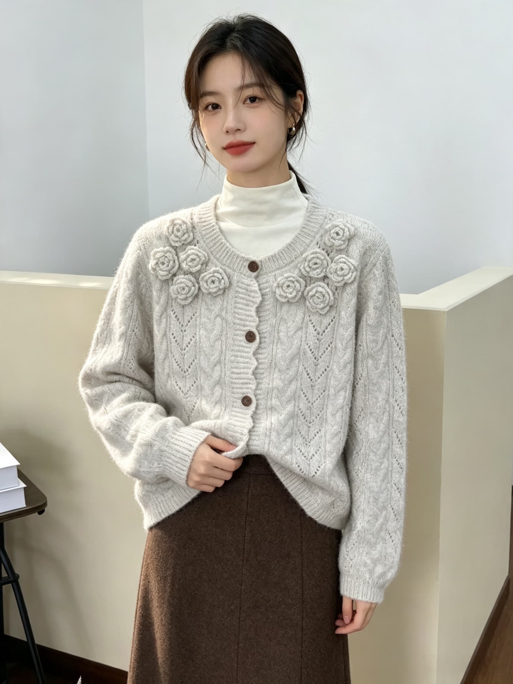 실사 2026 3 차원 꽃 홀로우 아웃 니트 오픈 가디건 여성 가을 겨울 새로운 부드러운 바람 달콤함 부드러운 찹쌀 스웨터 이미지 4