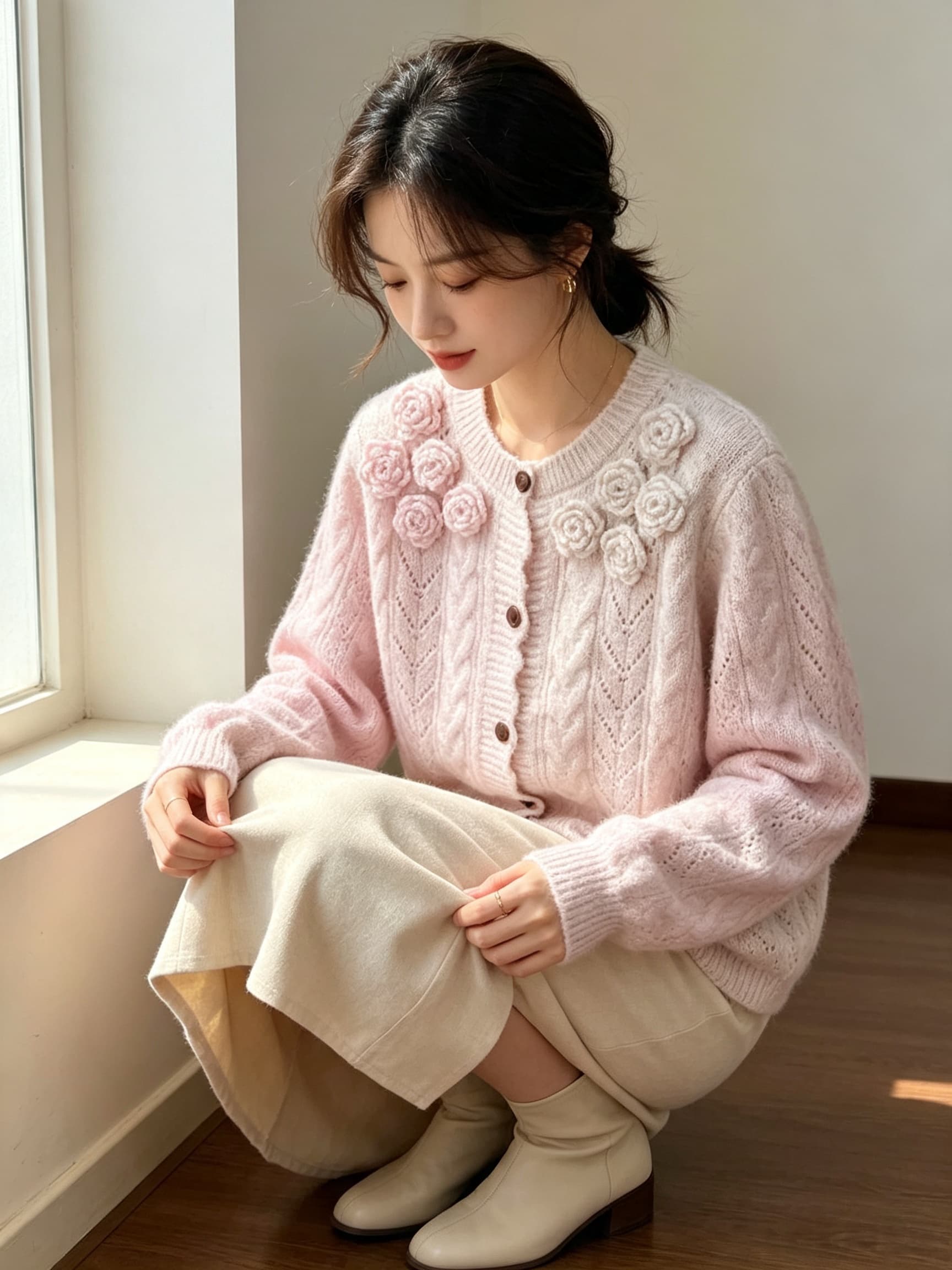 실사 2026 3 차원 꽃 홀로우 아웃 니트 오픈 가디건 여성 가을 겨울 새로운 부드러운 바람 달콤함 부드러운 찹쌀 스웨터 이미지 2
